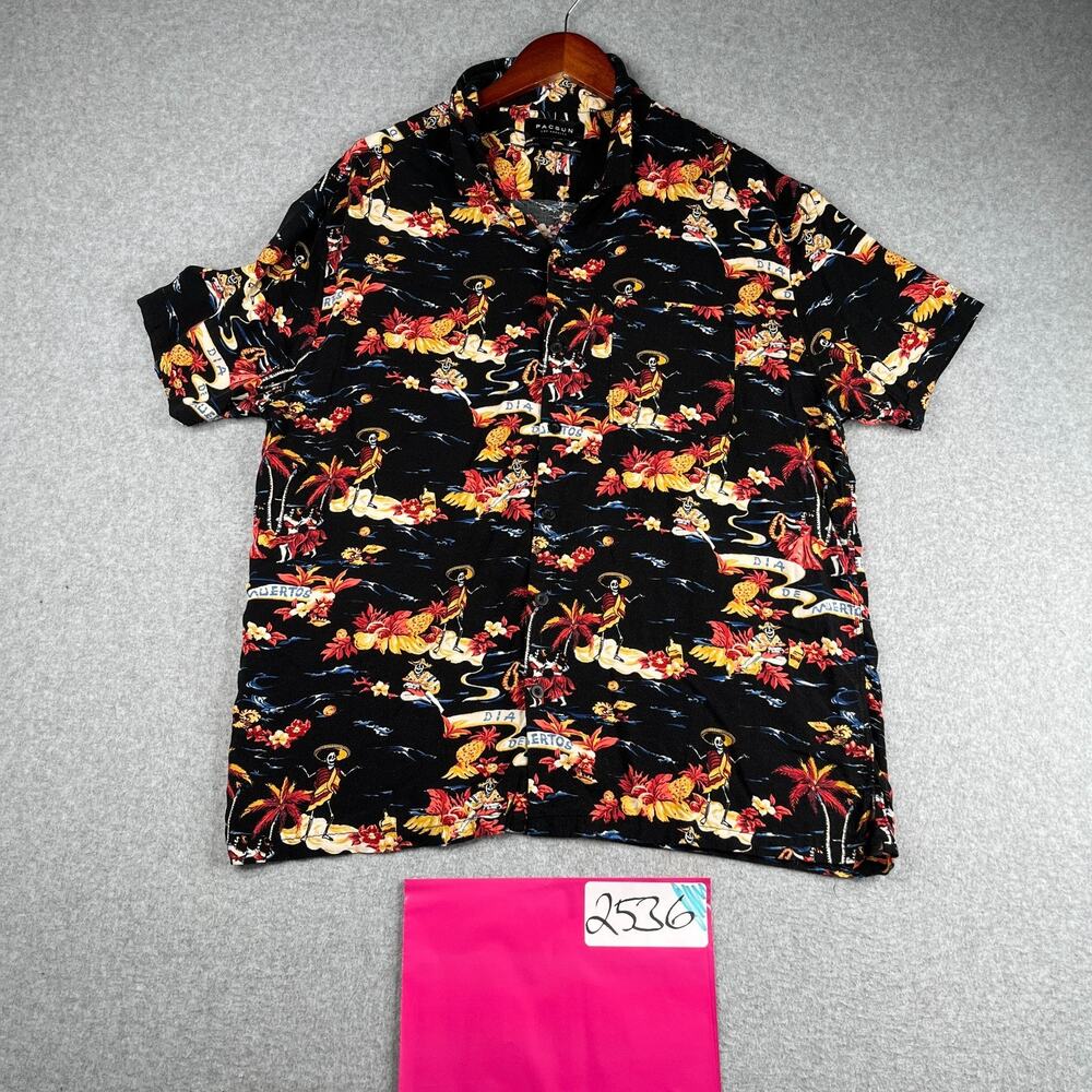 PACSUN Los Angeles Shirt Large Boxy Fit Black Hawaiian Button Up Short Sleeve